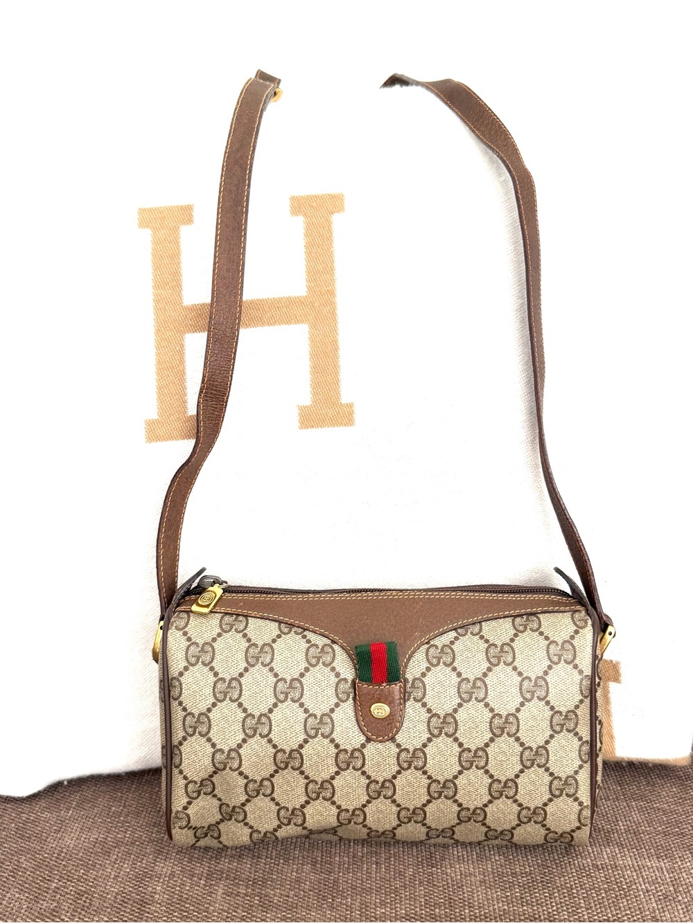 Authentic Gucci brown monogram coated canvas crossbody shoulder bag